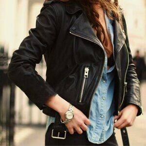 LF Carmar Premium Cropped Leather Moto Jacket Belted Cotton Lined Size 34 XS